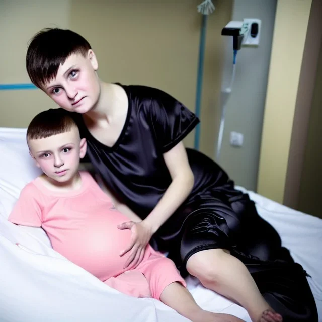 Russian pregnant tomboy boyish boylike short man's haircut boyish features in black girlish nightgown in hospital in delivery