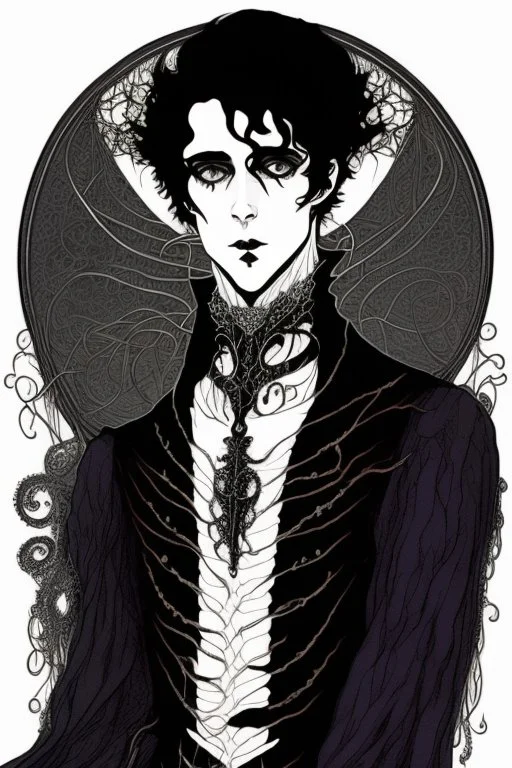 black haired young man necromancer wizard with gothic jewelry and tentacle fingers in the style of Harry Clarke