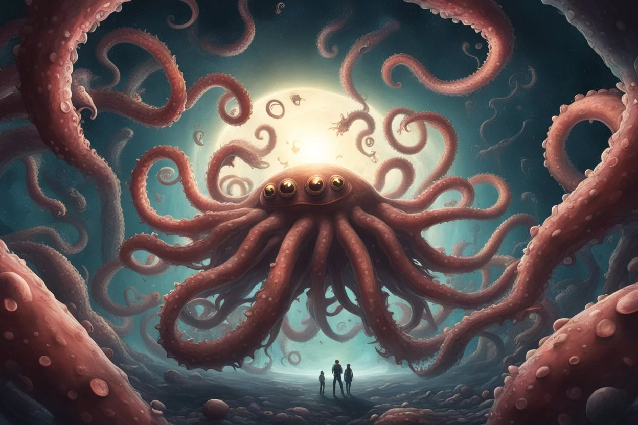 View into an event horizon in space with many enormous strange tentacled creatures with huge eyes and mouths flying around