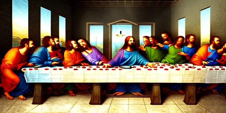 the last supper. jesus is wearing a wizard hat. photo real