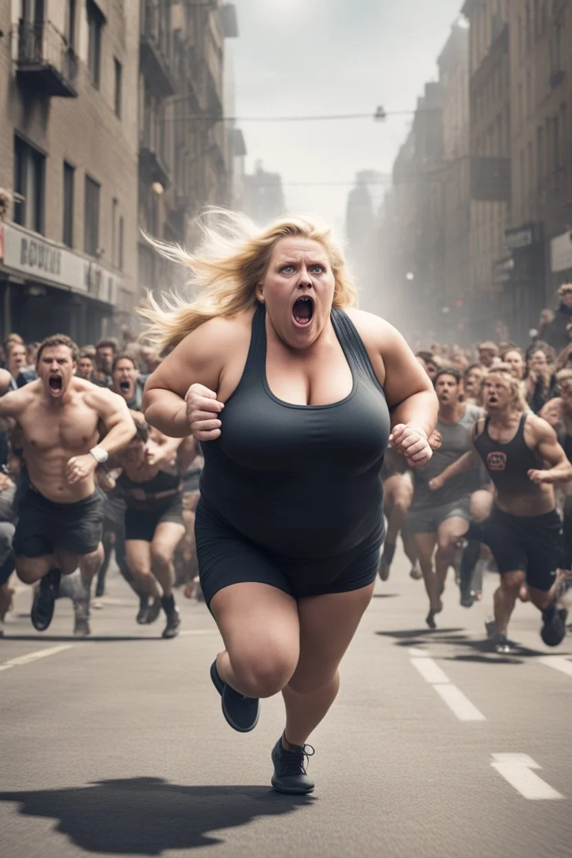 an obese terrified blonde woman in a crossfit outfit desperately running away from an angry mob of thousands of people chasing her down a city street