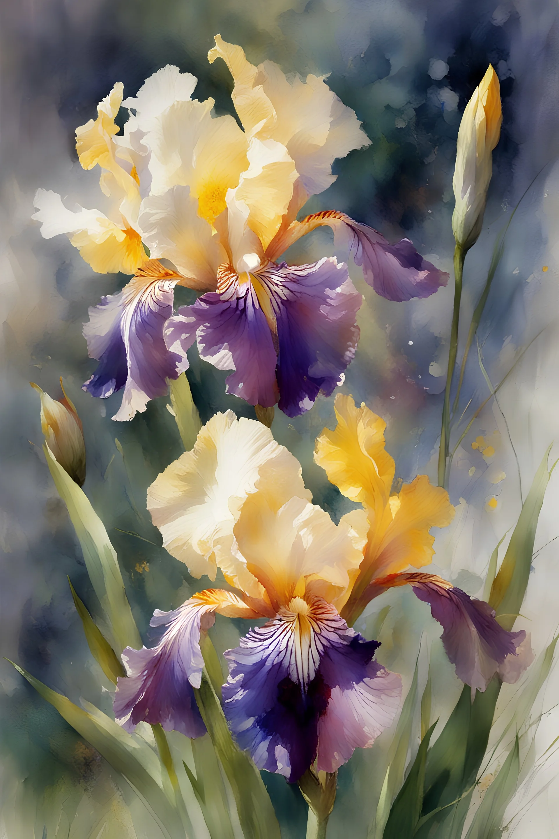 impressionistic watercolor painting, by Richard Schmid, ((best quality)), ((masterpiece)), ((realistic, digital art)), (hyper detaile), Richard Schmid style, intricate details, (one) 1multicolored iris flower, closeup, , white background, vivid coloring, some splashes