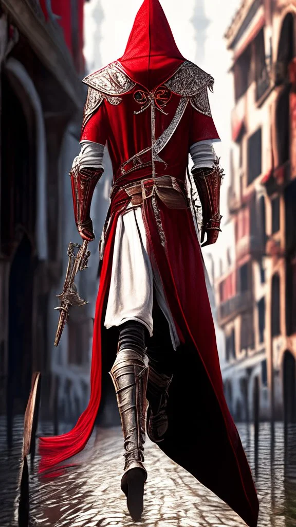 Assassin creed con dagas y espadas detalles en los pantalones en el pecho y en las botas caminando por Venezia capa arte digital hiperdetallado detalles intrincados obra de arte blanco rojo 8k