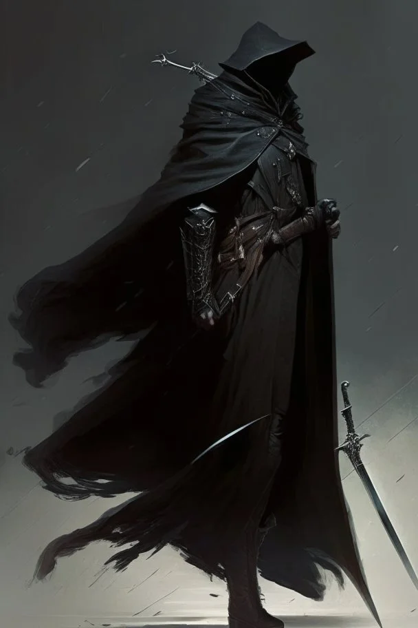 A commander with a black cloak and a long coat with long combat boots and a long spear