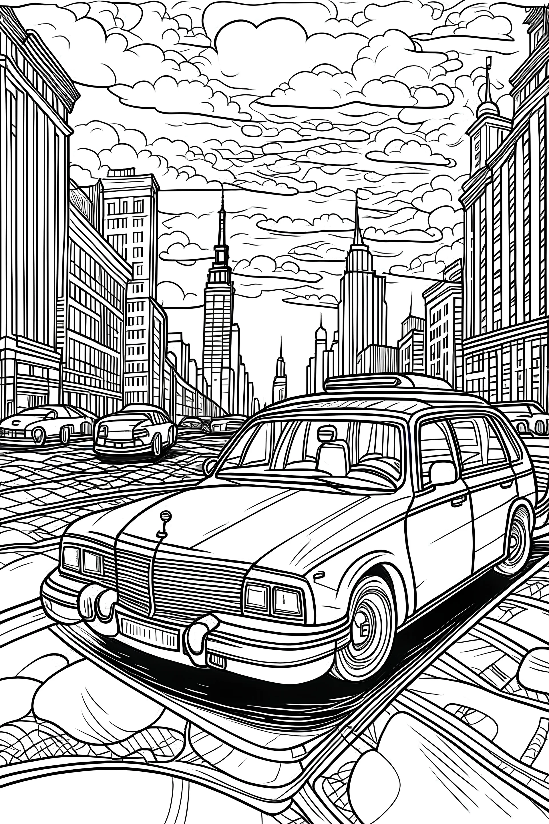 Outline art, no shading, taxi on the road, cartoon style, black and white, low detail, --ar 9:11