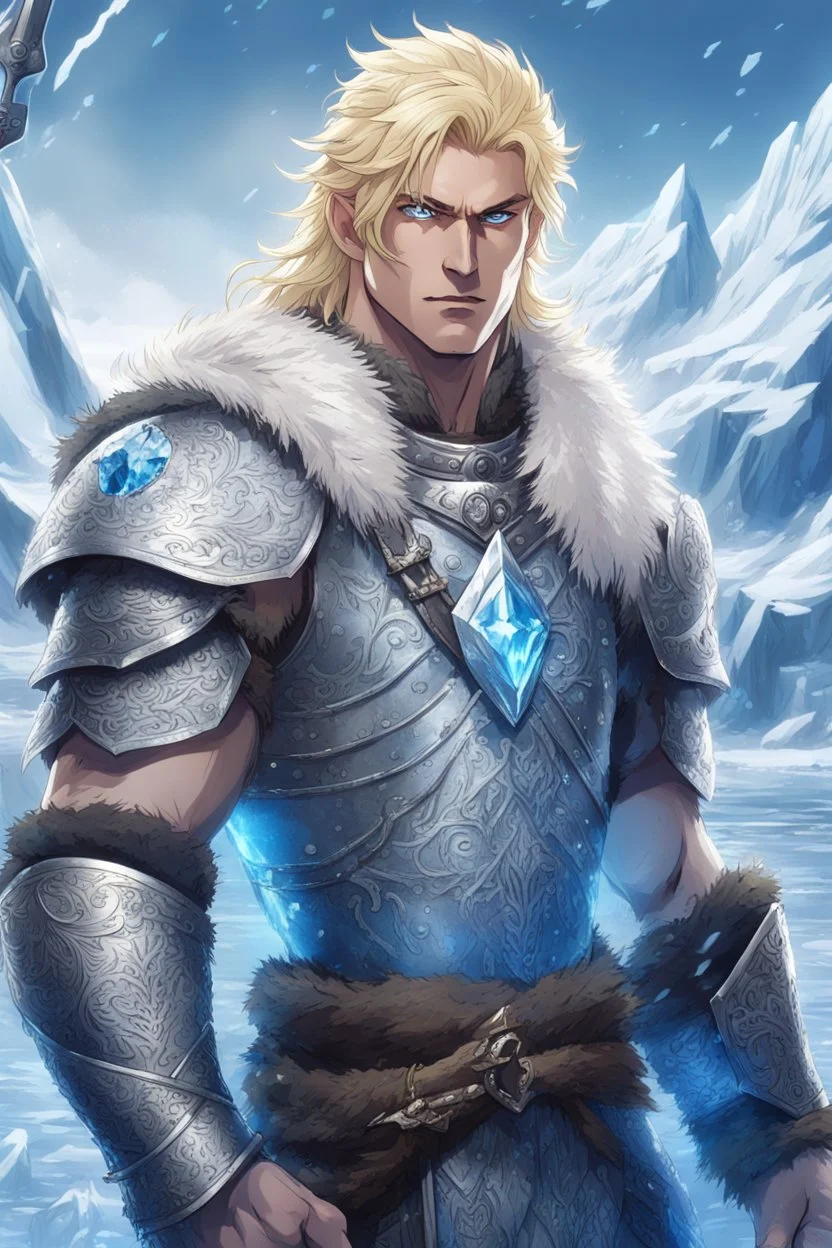 1 anime man. warrior, with blue eyes and blonde hair man in silver Viking armor with fur around the neck with blue crystal on his chest, standing in water in the artic, holding a ice axe, warrior in, anime style