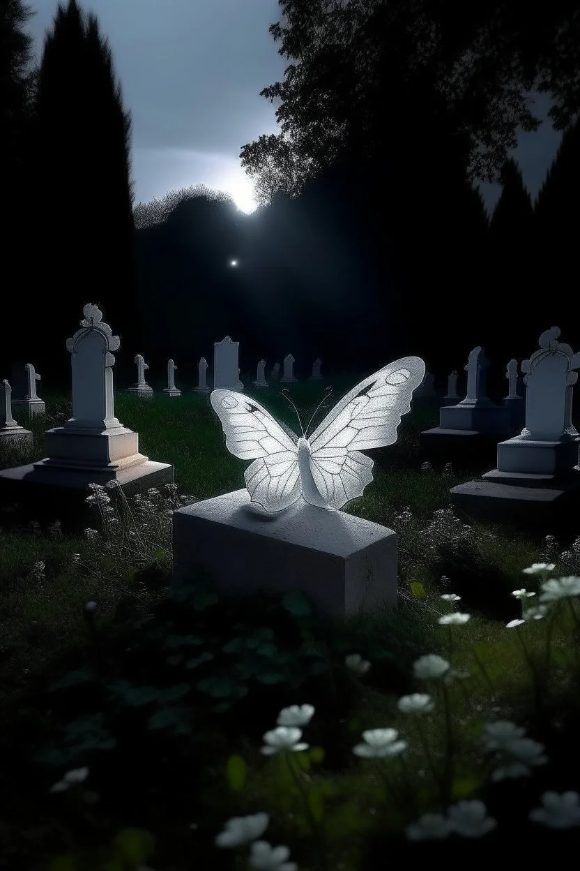 Beautiful Butterfly flying out of the graveyard The graveyard is dark but the butterfly is A glowing, soft white