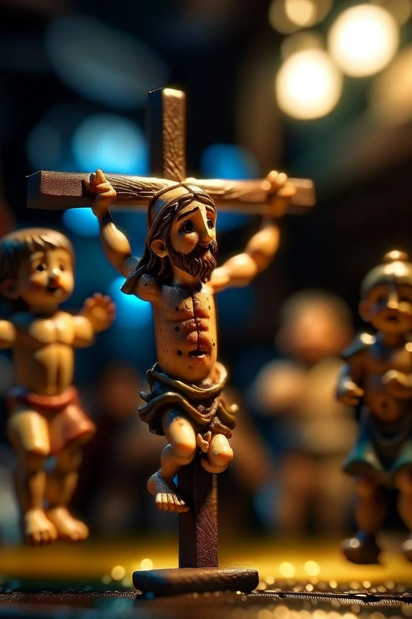 tiny Jesus on a cross like a boss with eyes like spotlights and children swinging , photo-realistic, shot on Hasselblad h6d-400c, zeiss prime lens, bokeh like f/0.8, tilt-shift lens 8k, high detail, smooth render, down-light, unreal engine 5, cinema 4d, HDR