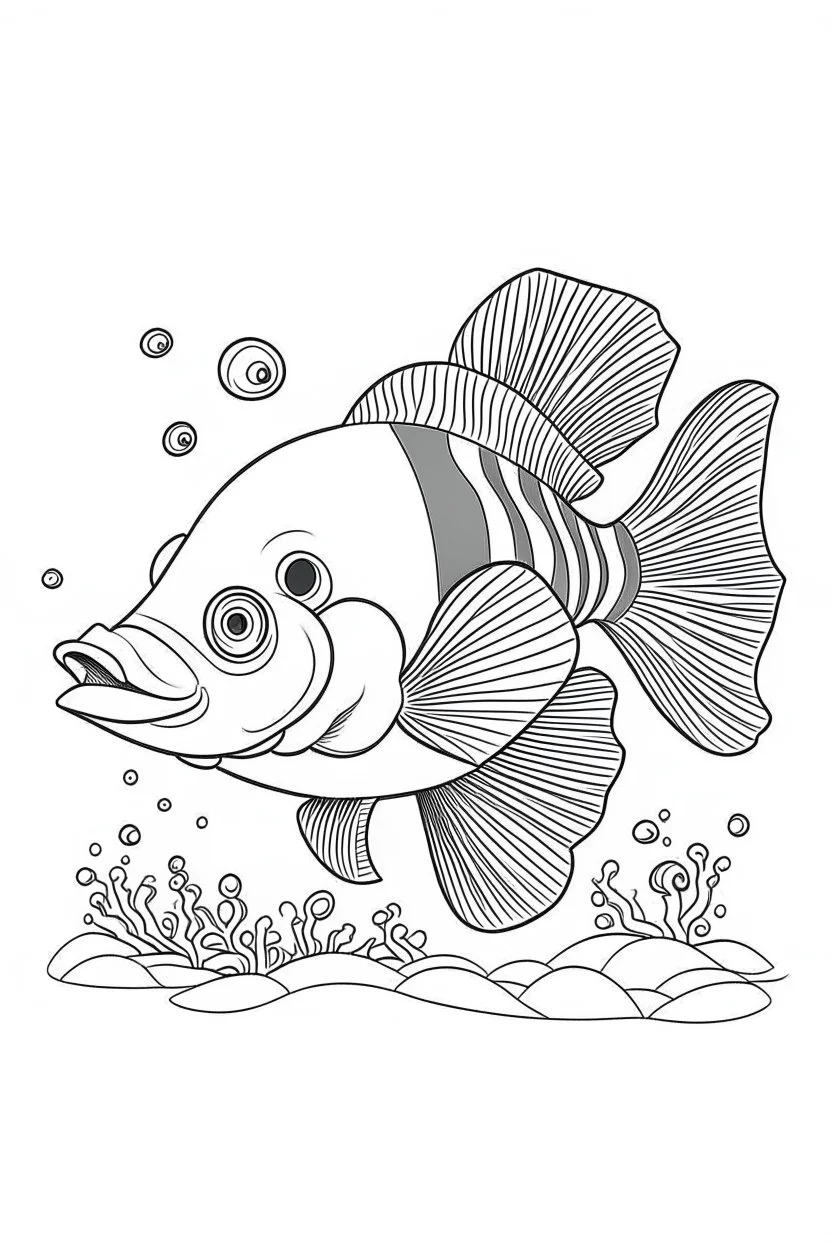 a clownfish dive into the deep sea, clean line art, monochrome, for kids coloring book, white background