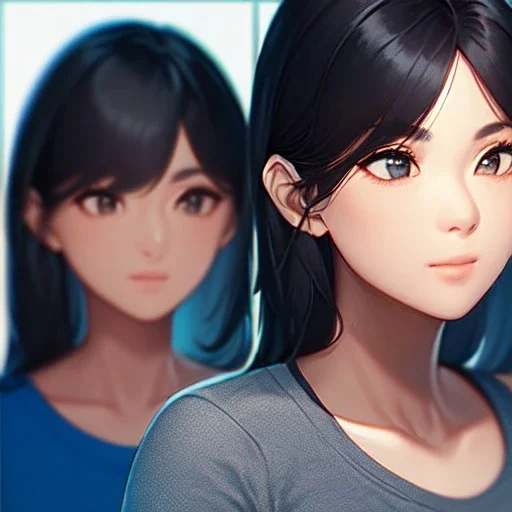 black haired woman, casual clotting, realistic, HD4k, watery cloud background, close up shot,