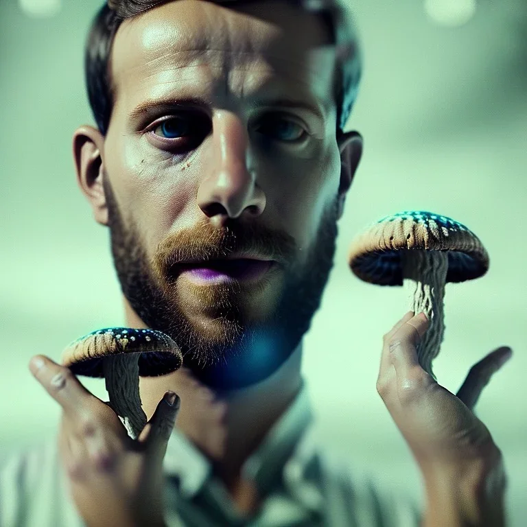 Portrait of Alessandro Borghi eating magic mushrooms, scary visions, 8k, HD, cinematography, photorealistic, Cinematic, Color Grading, Ultra-Wide Angle, Depth of Field, hyper-detailed, beautifully color-coded, insane details, intricate details, beautifully color graded, Cinematic, Color Grading, Editorial Photography, Depth of Field, DOF, Tilt Blur, White Balance, 32k, Super-Resolution, Megapixel, ProPhoto RGB, VR, Halfrear Lighting, Backlight, Na