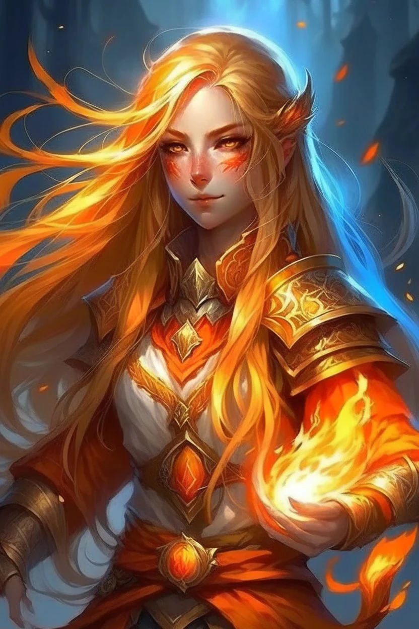 Female paladin Druid. Made from fire. Golden long hair, half braids half down with fire texted. Fire eyes. Makes fire with hands. Owns a white dragon