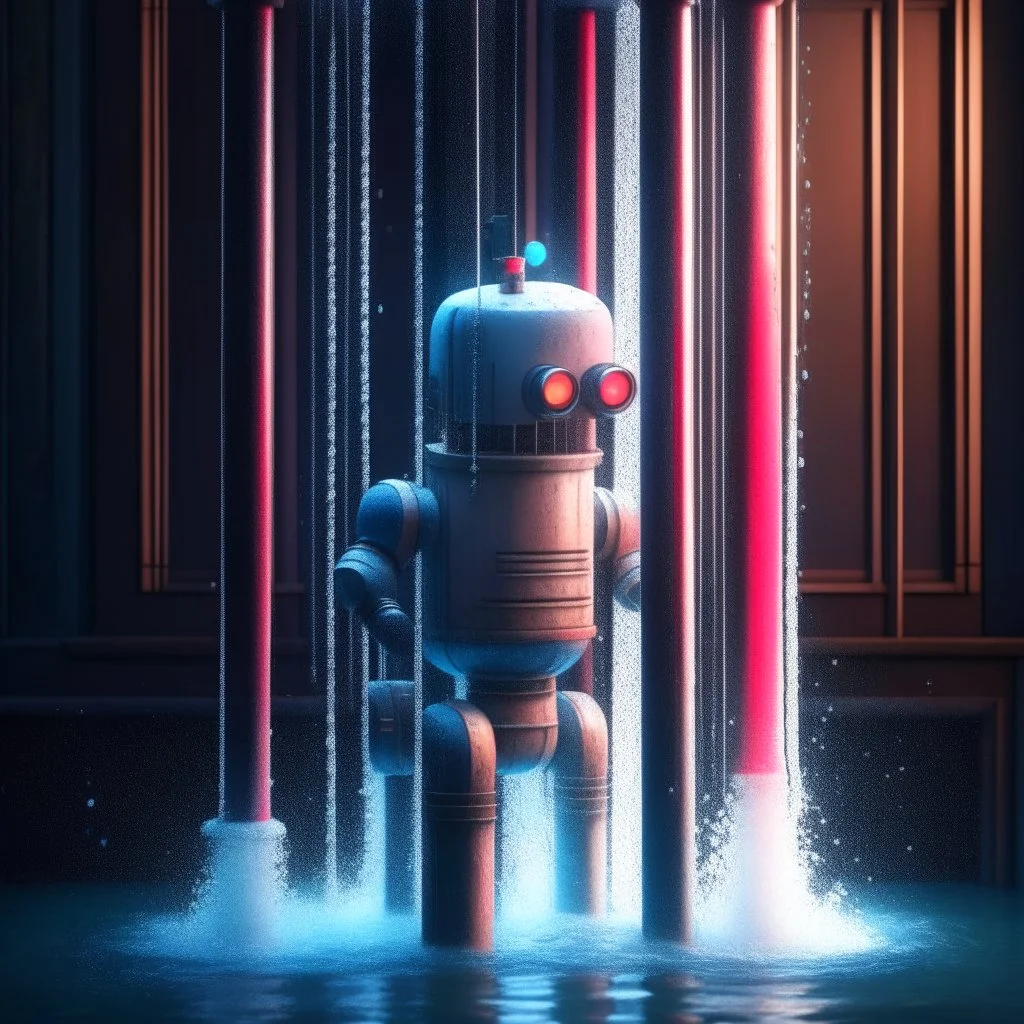 water flowing against a pillar, joyfull awesome cute punk robot on a bathing mission through the seasons, hatch, ladders, motion blur, 8k, downlight, soft light, depth of field, photorealism, trending on art station, lotsa detail