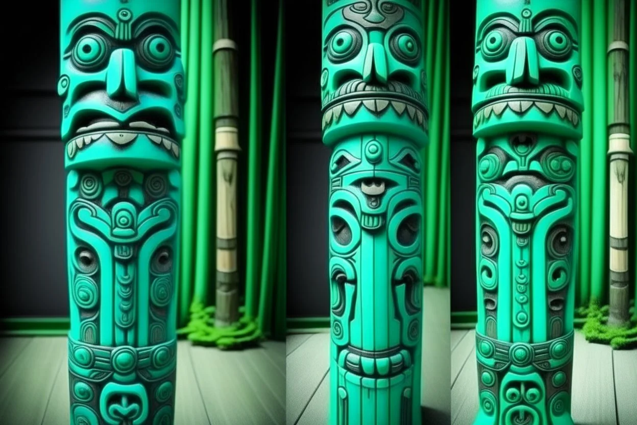 A mint colored sinister empire designed in Pacific Northwest totem poles