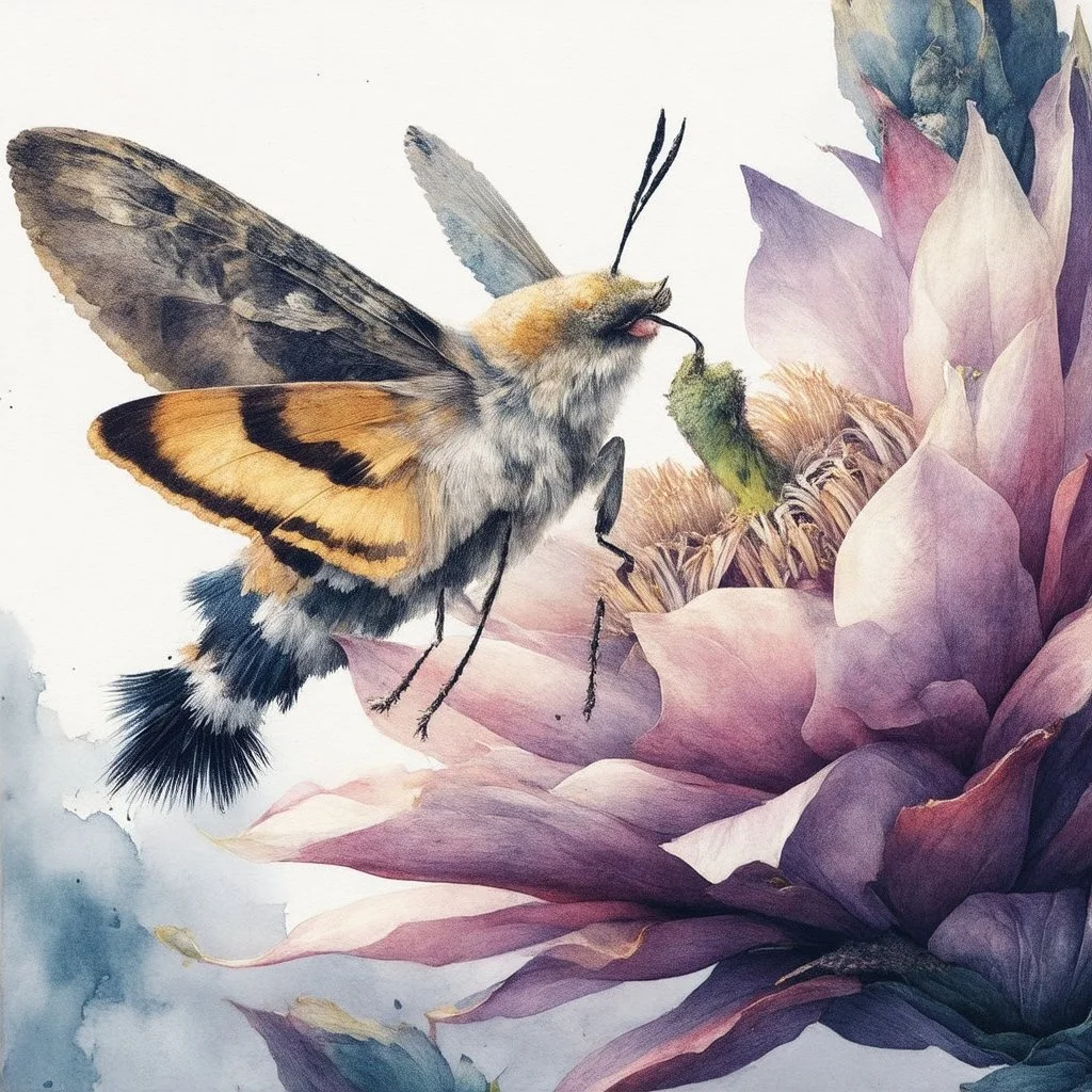 Macro botanical painting, hummingbird moth and dragonfruit flower. Blend of Japanese Nihonga style and modern watercolor. Use of metallic gold ink for fine details. Palette: Deep Prussian blue, ivory white, muted violet, and pale ochre. Sharp focus on the moth's textured body and the delicate stamen. Soft, blurry watercolor bleed in the background. High contrast, elegant composition, organic textures. Modifiers: elegant intricate 4k very attractive beautiful fantastic view ul