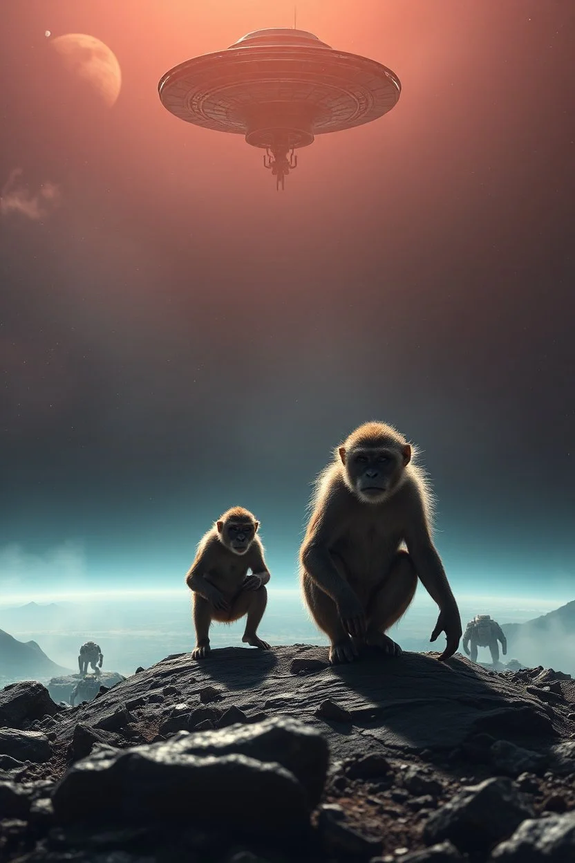 A surface of a planet that is full of monkeys , a UFO Hovering very far in the sky .