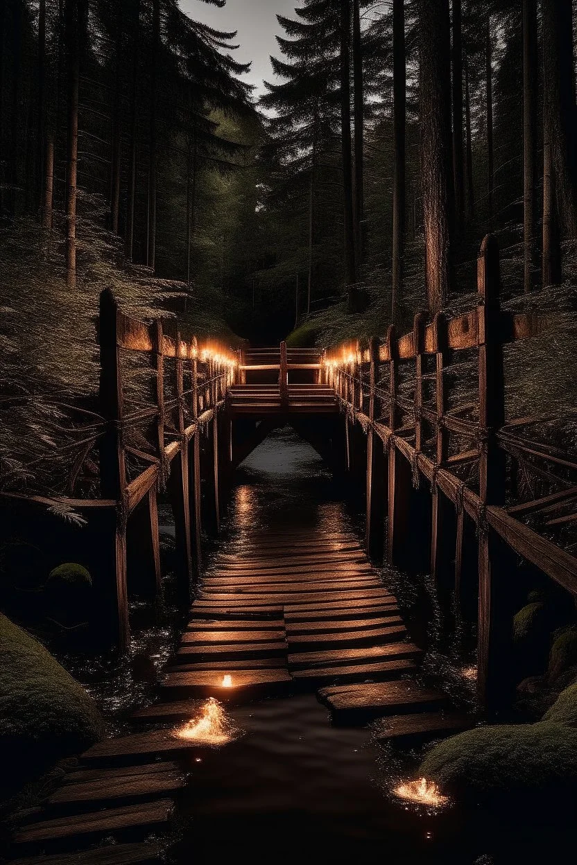 A wooden bridge above a river in the forest at night with fire torches on each side