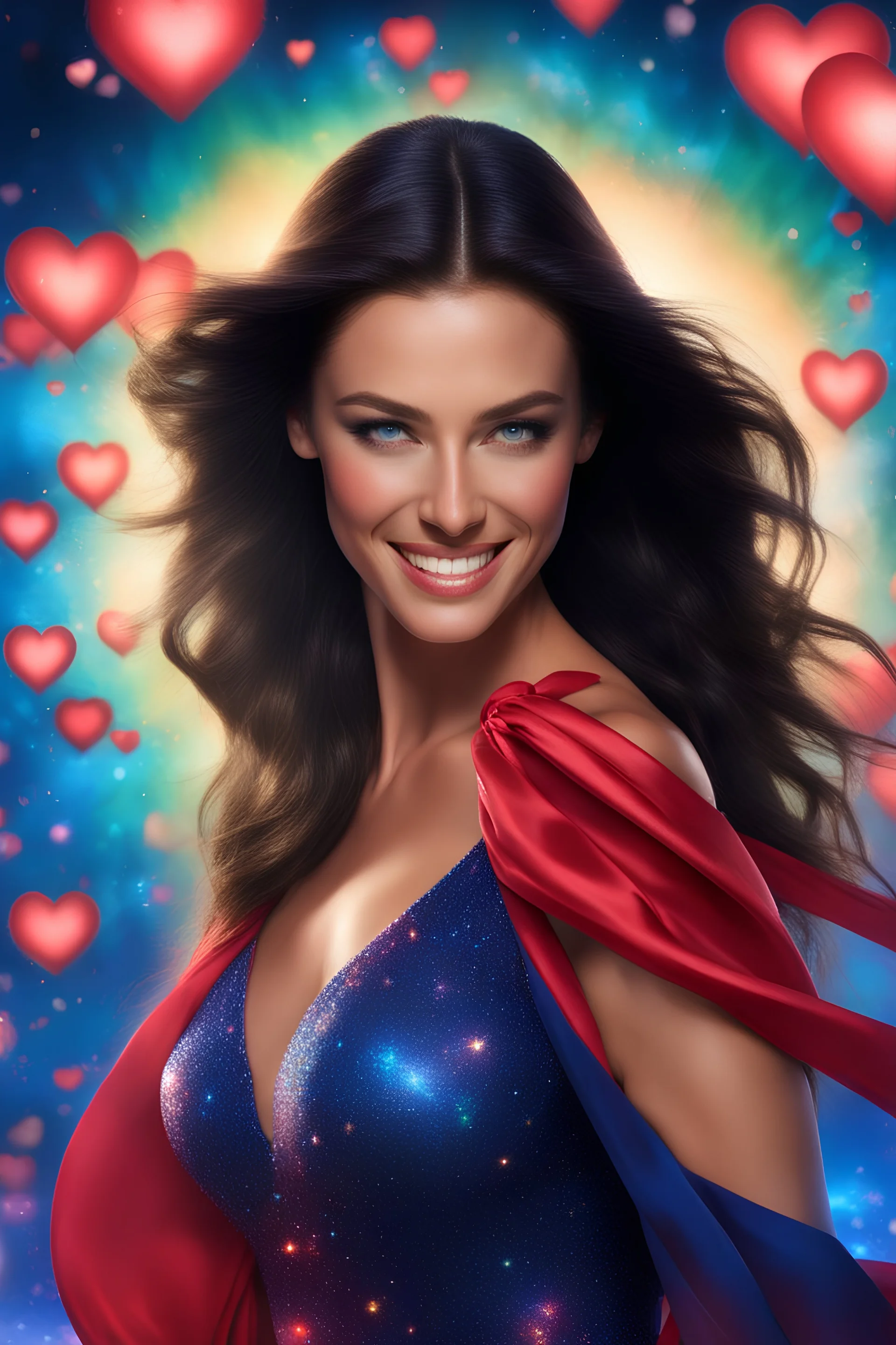 from behind, 3D bubbles, 3D hearts, sunlight, blue skies, magic, multicolored swirling light, aurora borealis, a flowing river of electricity, fireflies, a close-up, facial portrait of a totally gorgeous Megan Gale, with Long Black hair, cobalt blue eyes, smiling a big bright happy smile, wearing a red sling suit with a gold/yellow bat emblem on the lower stomach area, and black boots, professional quality digital photograph, happy time