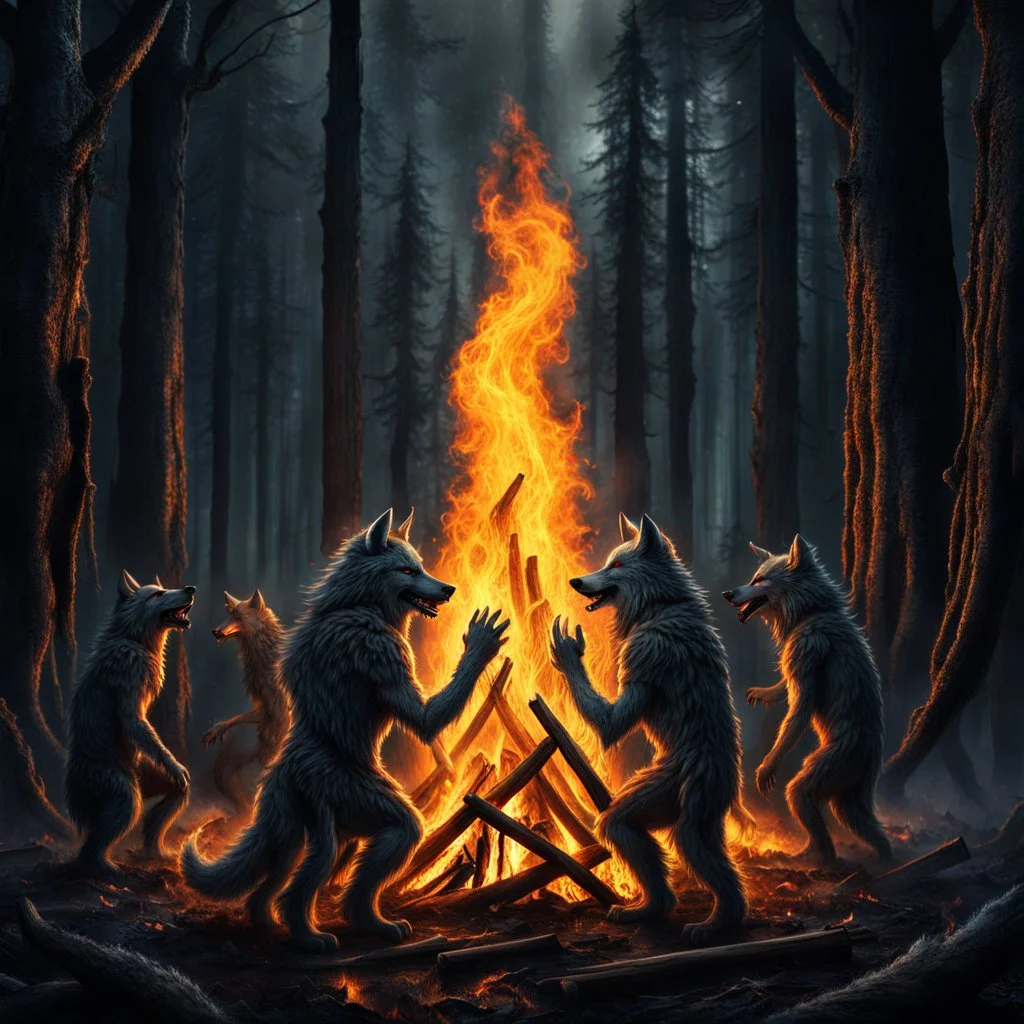 close up one large bonfire with its flames rising high in a clearing, around the bonfire many anthropomorphic wolf humanoids crying, dancing, singing and just watching the flames. rain, cold deep colors, around them in the background dark trees with huge trunks, rainy day, high contrast, high detail, atmospheric, dark fantasy, sci-fi atmosphere, cinematic