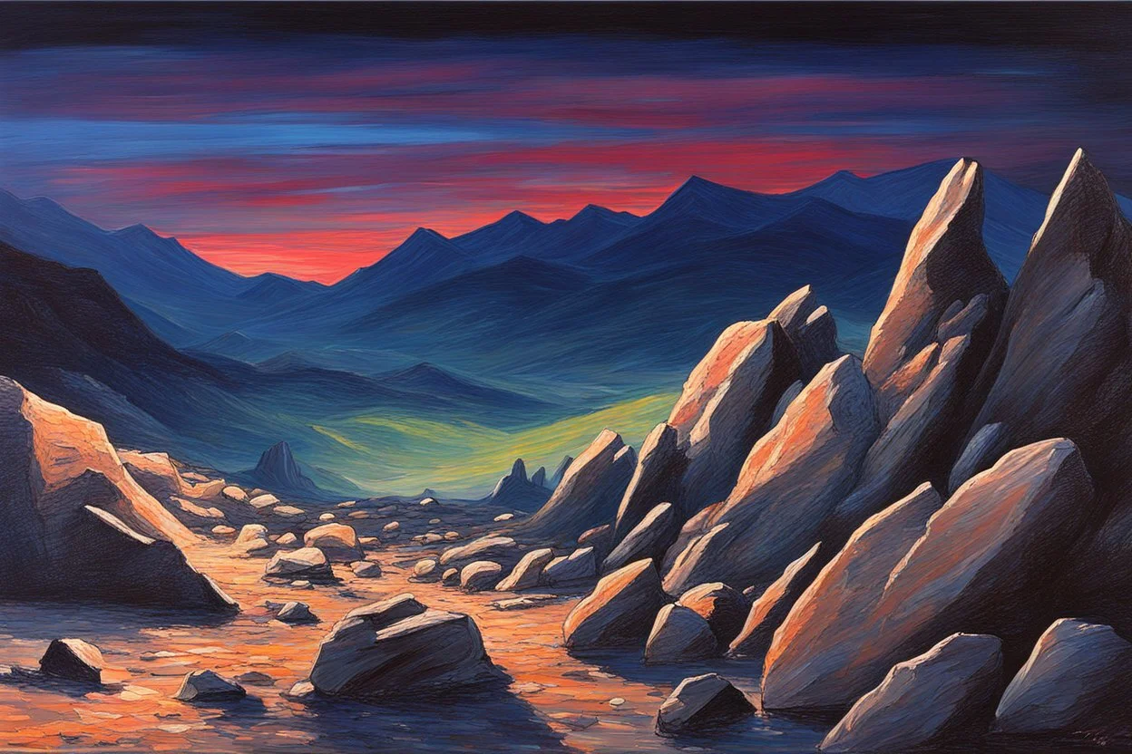 Rocks, night, mountains, 2000's sci-fi movies influence, ludwig dettman impressionism painting