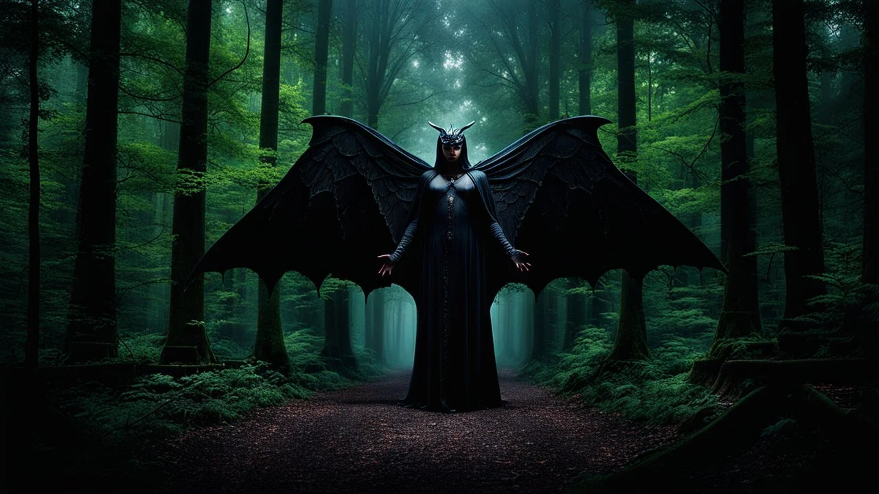 Mysterious Mothman, a prized customer in Tudors Biscuit World, ensnared in the heart of an age-old forest, enveloped in subdued daylight filtering through the dense canopy of towering trees, evanescence, early morning dew, cinematic, ultra fine, dramatic lighting, dark colors, high detalied, sharp focus, dar fantasy mood