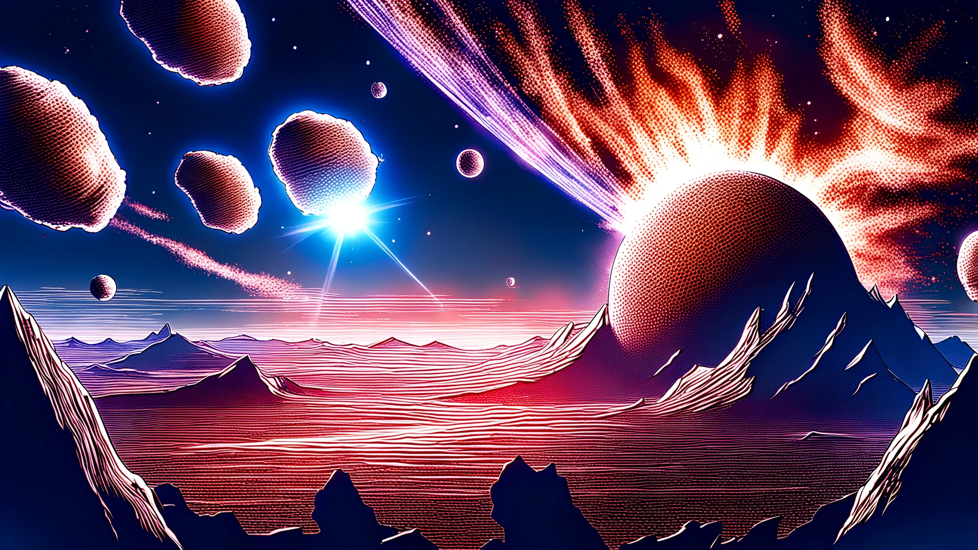 miniatura para youtube,un fondo épico de explosión del planeta un asteroide, desde la perspectiva de una montaña,jupter en el cielo, el fin del mundo, estilo anime