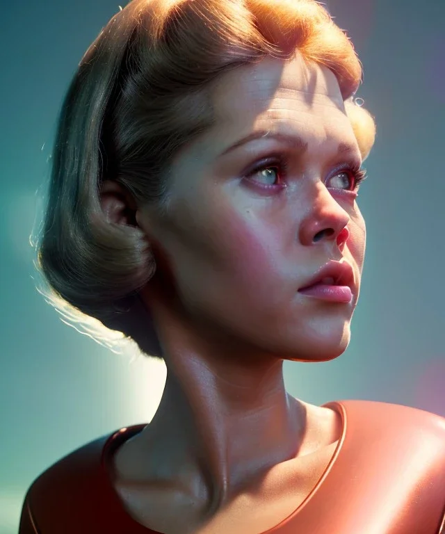 Ultra Realistic retro sci-fi movie, people, classic ovni, 1960 year, waist up view portrait, sweet teenager Jane Fonda, glow rays eyes without pupil, face makeup, tight latex coat, retro glass helmet, Retro sci-fi style, soft color, highly detailed, unreal engine 5, ray tracing, RTX, lumen lighting, ultra detail, volumetric lighting, 3d, finely drawn, high definition, high resolution.