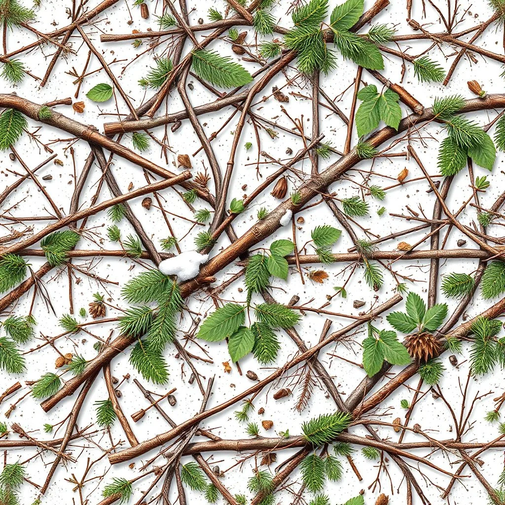 detailed Real Tree Camouflage made of sticks, twigs, leaves, pine branches, snow and dirt, white background, seamless repeatable texture pattern imitating a natural forest background
