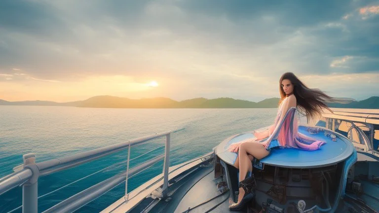 half body shot,realistic portrait of a 20-25 old caucasian model, long blue pink flowing hair, great grey eyes, blue leather jacket,full body, short white skirt,long legs,standing on deck of very big ship, beach of very nice lake with sunset ,clouds,godrayes