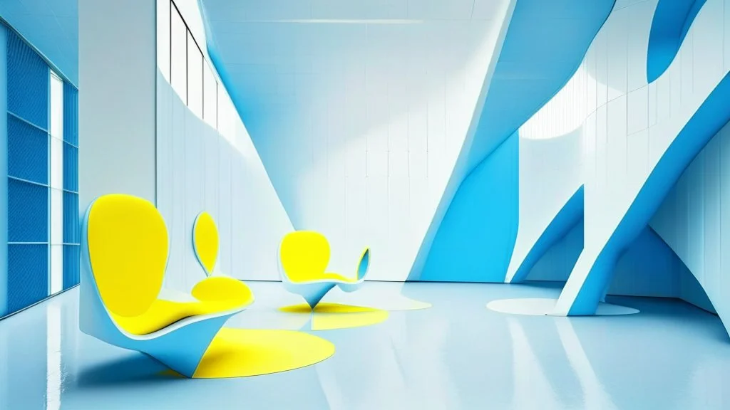 Futuristic interior space with sleek stainless steel mesh and white concrete inclined walls, blue floors, figure seated on vibrant yellow chairs