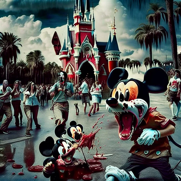 still of rabies crazed mickey mouse, eating a tourist in florida photorealistic retro bloody horror people screaming and puddles of blood around mickey