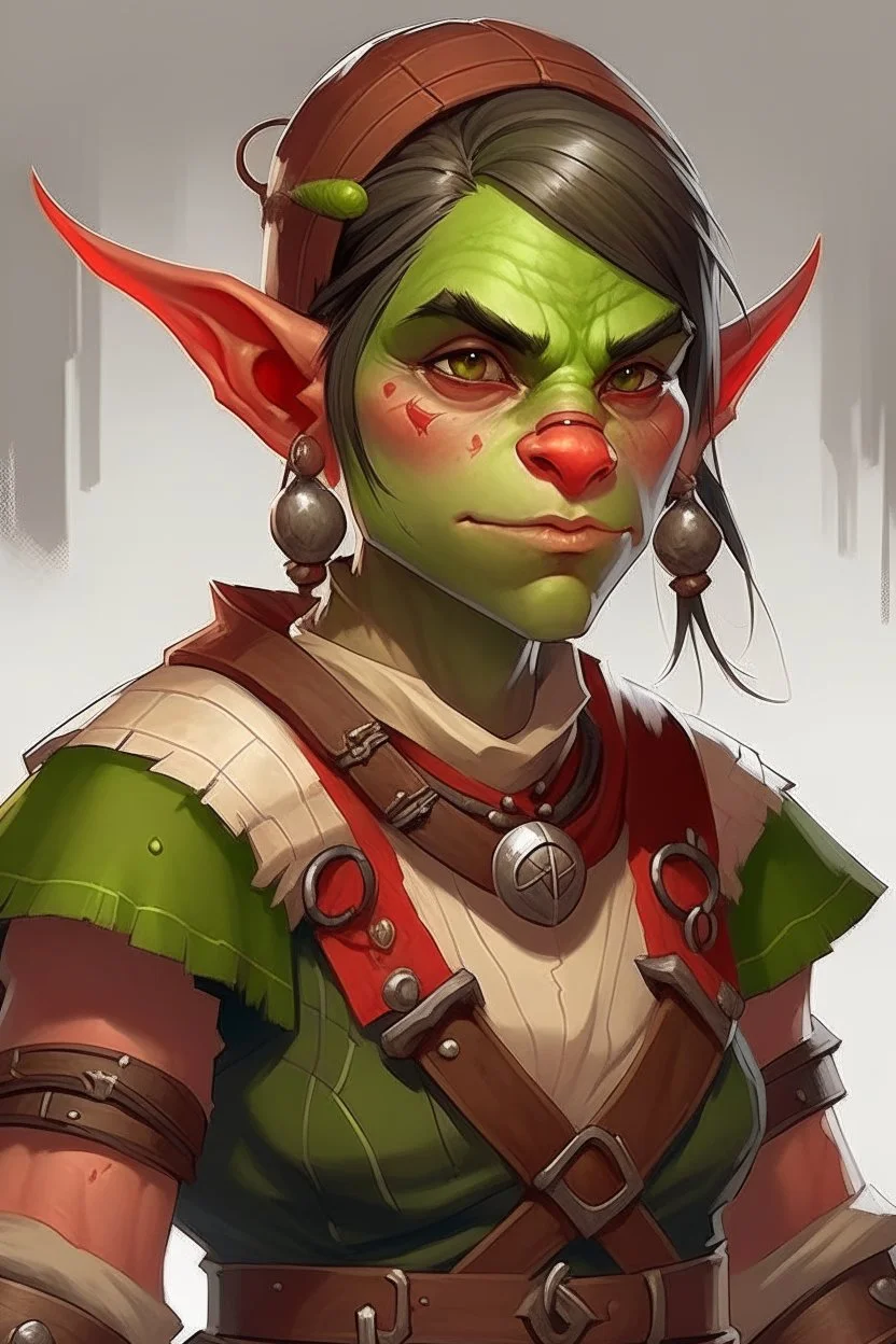 Dungeons and dragons orc tomboy. She has green skin and pointy ears. She is kind. She is handsome. She has nice eyes. She has short hair. She is strong. She is in a tavern. She has broad shoulders. She has a large jaw. She has small tusks. Realistic style