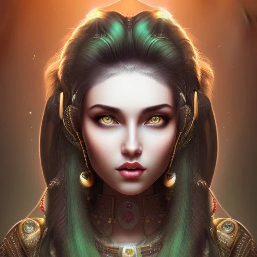 Portrait, Woman, heroic fantasy, dark-skinned, indian, wavy black hair, one green hair strand, 20 years old, half-hawk haircut