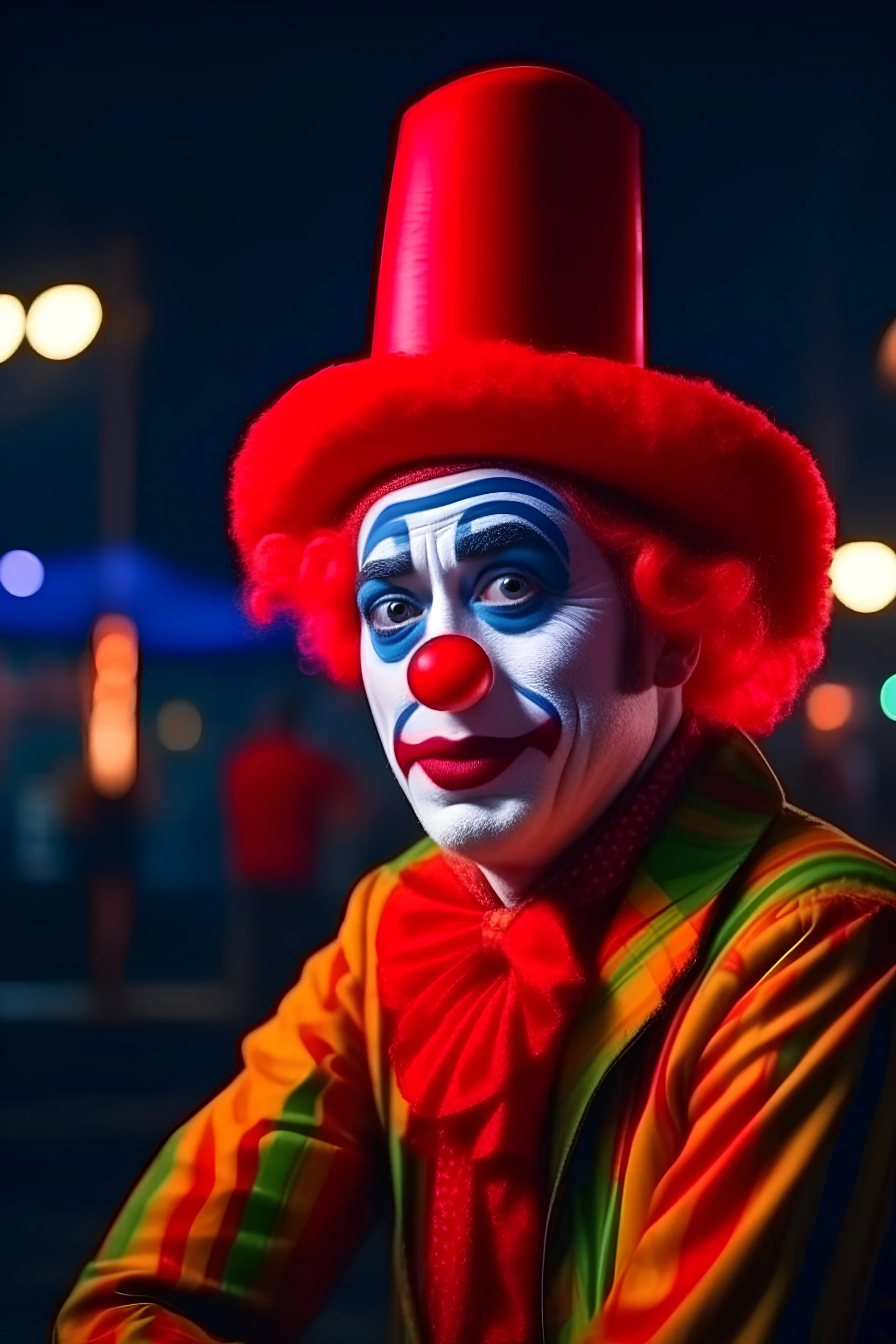 clown at the circus, low color contrast, 8k, looks like a photo.
