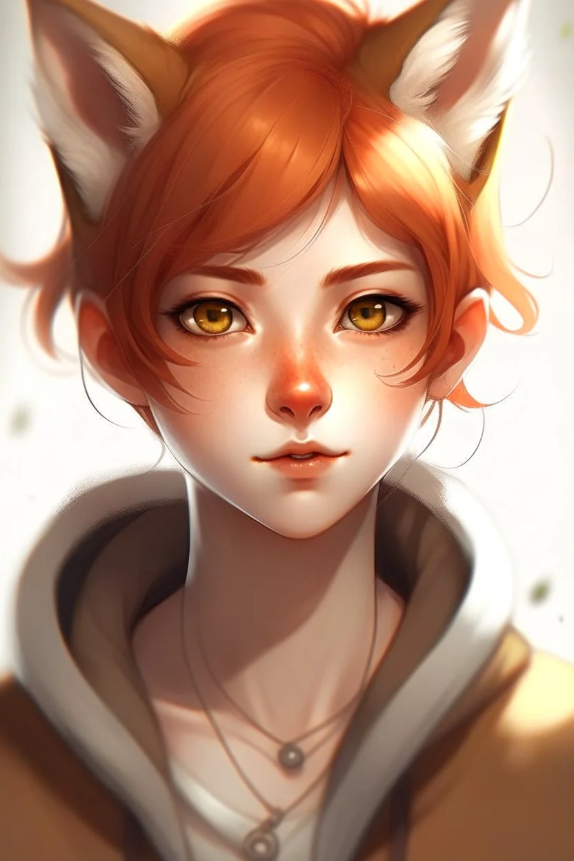 A young female with short red hair, gold eyes, large fox ears, slight smile, pale skin, freckles