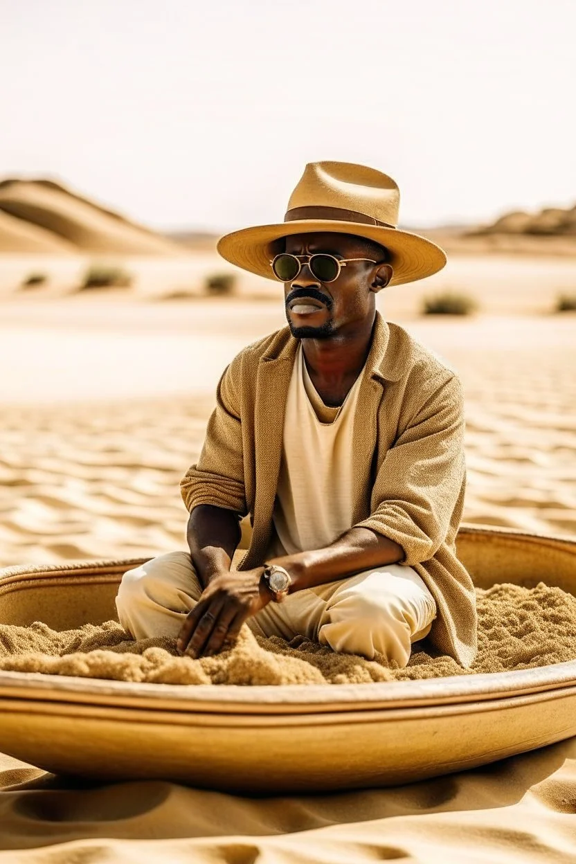 African man wearing hat and sunglasses, rowing small boat in desert sand at a distance