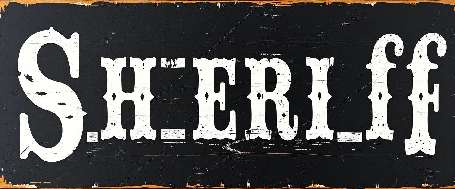 fill composition with large and wide historical hand painted old western sign that reads: "SHERIFF" white on black with inset white stripe boarder aged paint on wood sanserif
