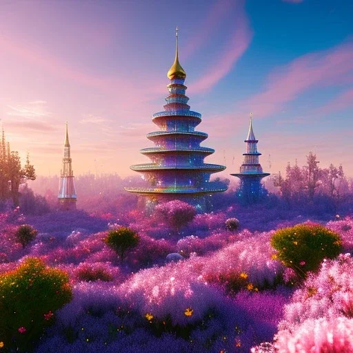 Blue cristal tower in a flowery countryside, glitter pink in a galactic ambiance, delicate colors in the foreground, full of details, smooth, light effect，vaporwave colorful, smooth, extremely sharp detail, finely tuned detail, ultra high definition, 8 k, unreal engine 5, ultra sharp focus