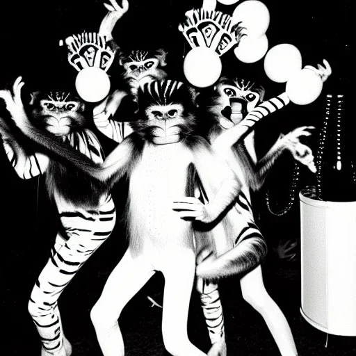 1980s photo of new year's party alien monkey with dancing cats happy