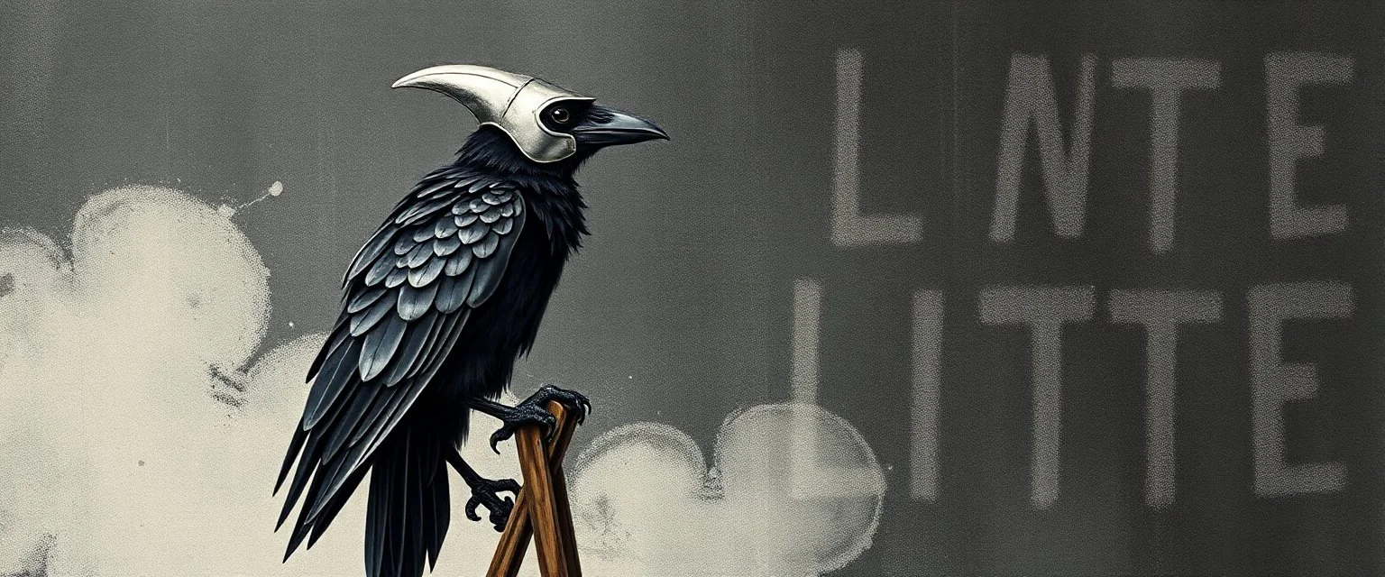 crow knight, wearing mirror hat, climbing ladder, in front of chalk art, a nice little dog poem in the style of escher and giger