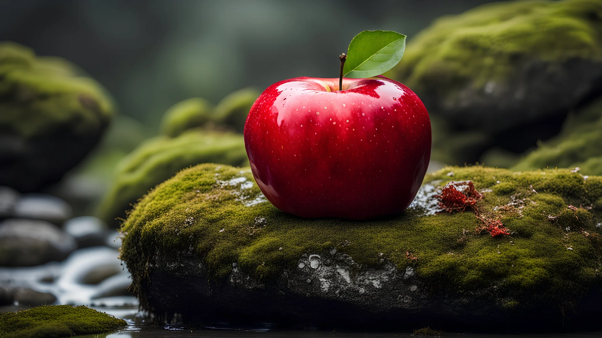 A vibrant red apple sitting on a wet rock covered with moss. The image showcases naturalism . The background emphasizes the apple body creating a bright and powerful composition,,dramatic scene