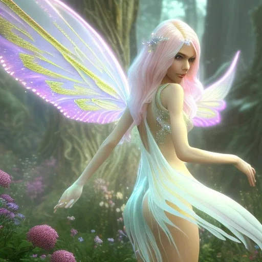 beautiful fairy very etheric, nice smiling, long blond hair, magic glamour pink make up, delicate colors, complete vision of very transparent and big wings, beautiful glamour transparent dress, ultra sharp focus, 8k, unreal engine 5, extremely sharp detail, light effect, soft light atmosphere, smooth, full of details, face in front, complete vision of face and hair and of the body