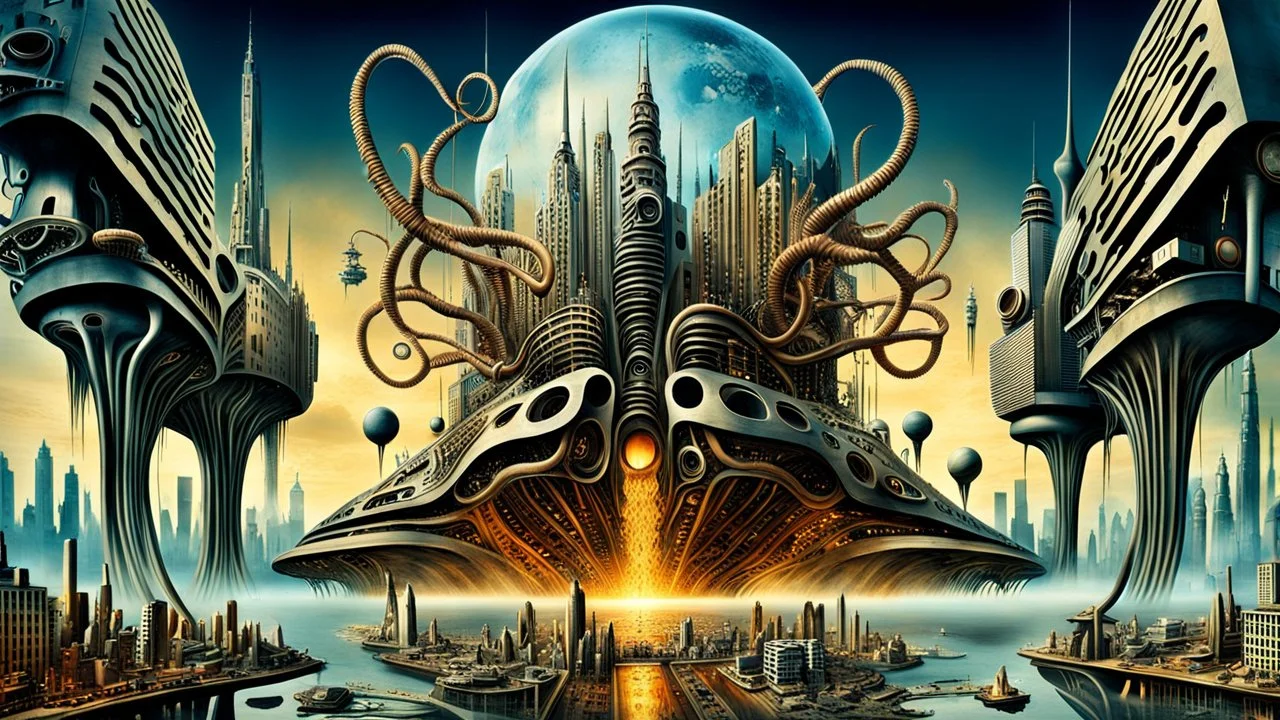 a stunningly weird image of a futuristic metropolis using Salvador Dali's paranoiac-critical method, where buildings and structures appear to melt into the skyline cityscape is filled with floating medusas and mad, twisted metal shapes that interact with the buildings and each other, forming a surreal tableau of a dreamlike reality. neu-steampunk vibe, essence of the scene in a cinematic manner, with dramatic shadows that enhance the distorted perspectives and bizarre mood