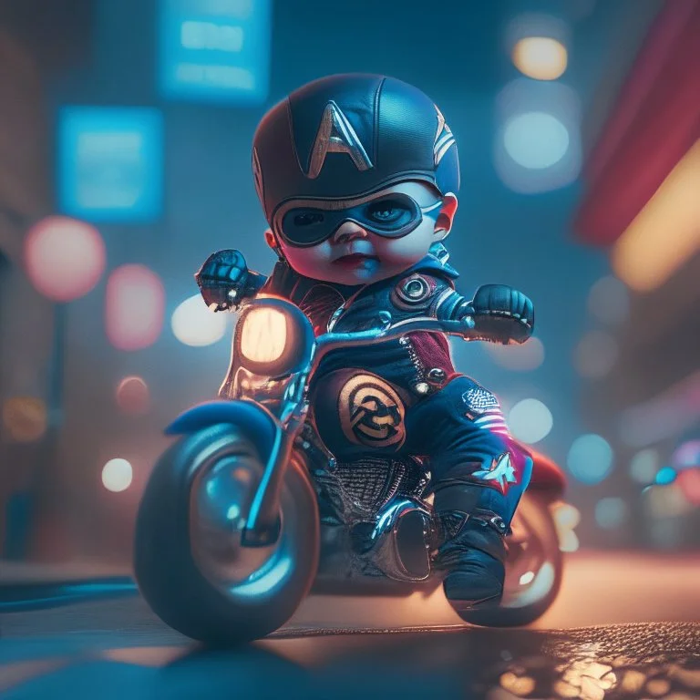 A Sharp Kawaii tiny hyper realistic baby captain america riding mini harley davidson, wearing bikers clothes with happy smile action, night of cyberpunk city background. wide angle full body, 8k, Cinematography, photorealistic,epic composition Unreal Engine,Cinematic, Color Grading, Portrait Photography,Ultra-Wide Angle, Depth of Field, hyper detailed