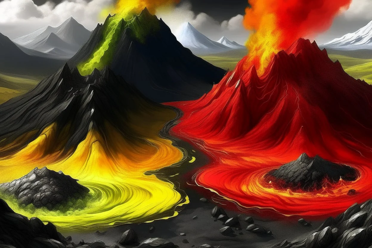 acidic soil with lava and mountains , red white yellow black colors , magic the gathering style, hyper realistic style