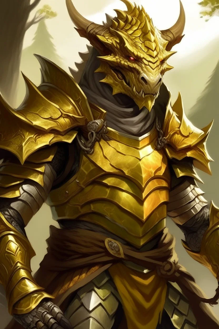 Golden Dragonborn DnD, Paladin, Old, friendly, in a chain armor