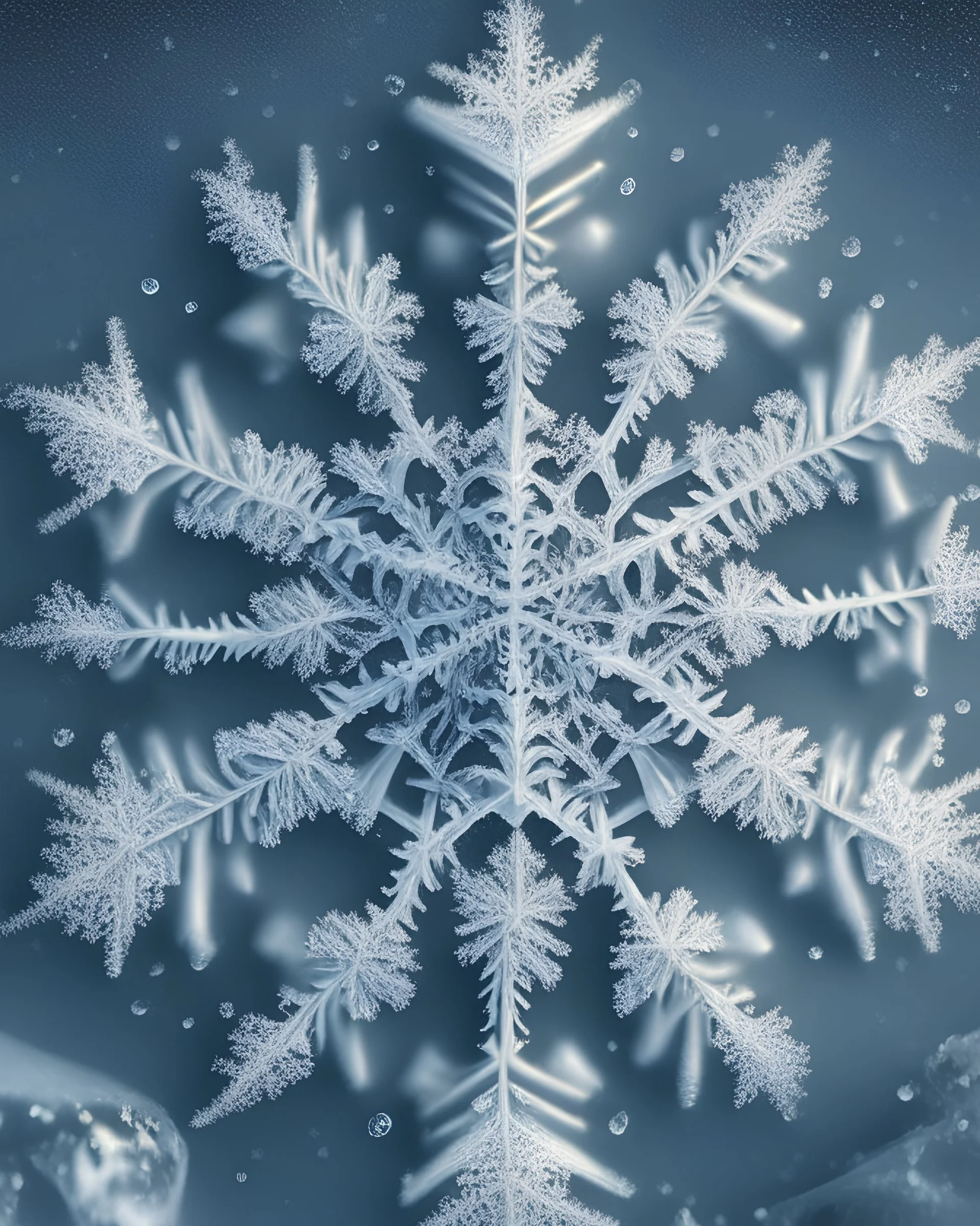 The intricate, crystalline structure of a snowflake, captured in extreme detail, with each delicate branch and pattern visible.