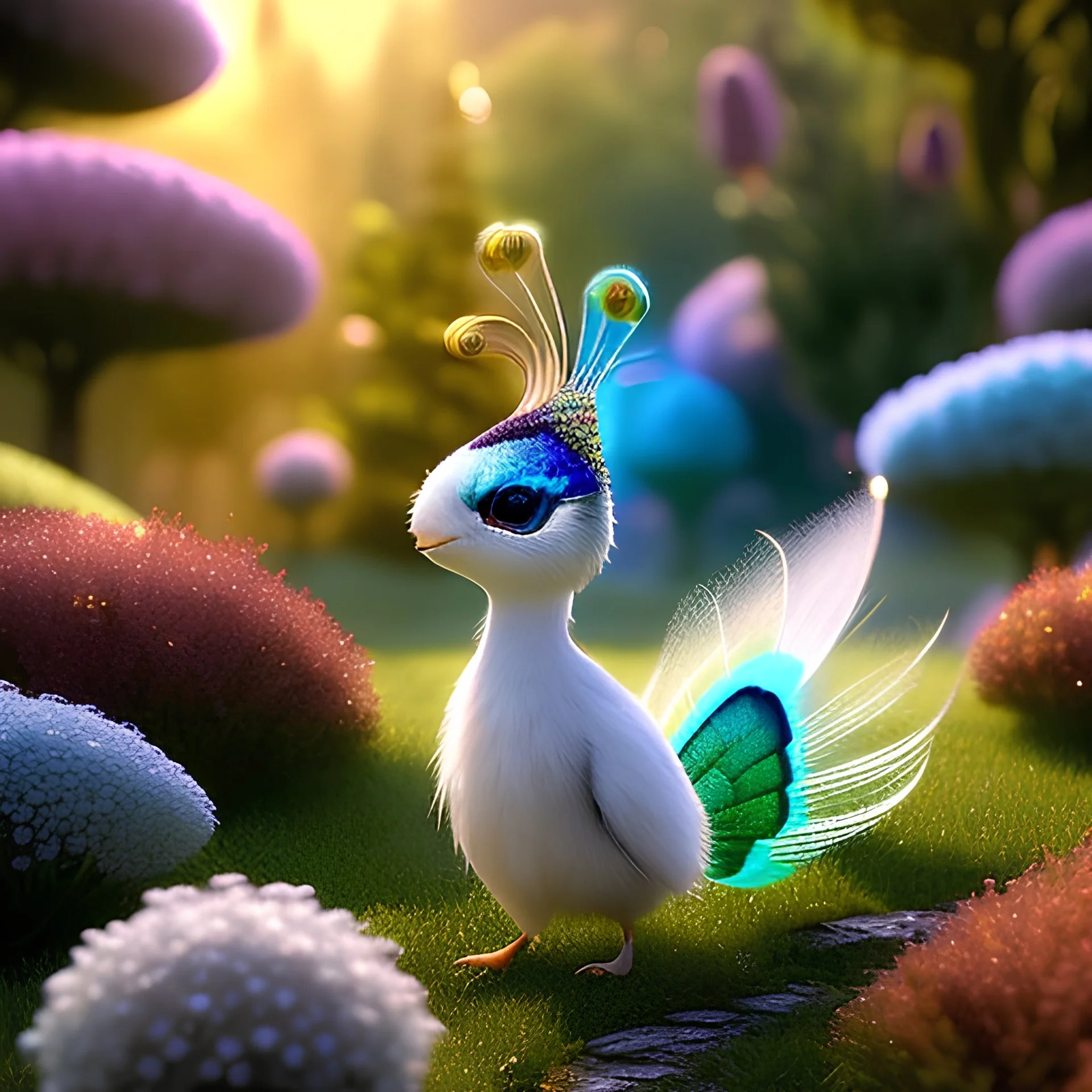 pixar art style of cute pixie peacock white in native environment, full body, by mobeius, au naturel, hyper detailed, digital art, trending in artstation, cinematic lighting, studio quality, smooth render, unreal engine 5 rendered, octane rendered, art style by klimt and nixeu and ian sprigger and wlop and krenz cushart