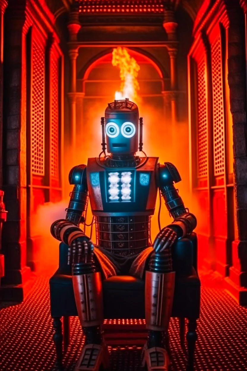 portrait of tron robot holding lotsa phones chatbot smoking a sigar on a throne in a ancient castle ruin, smoke, 4k, downlight, soft light, depth of field, photorealism