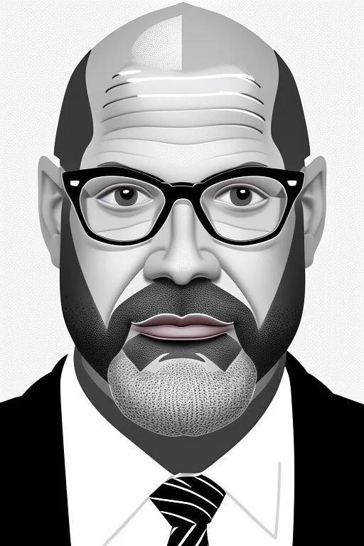 black and white,real estate agent,bald male with grey beard,55 years old,glasses,, necktie,portly,detailed drawing,white background